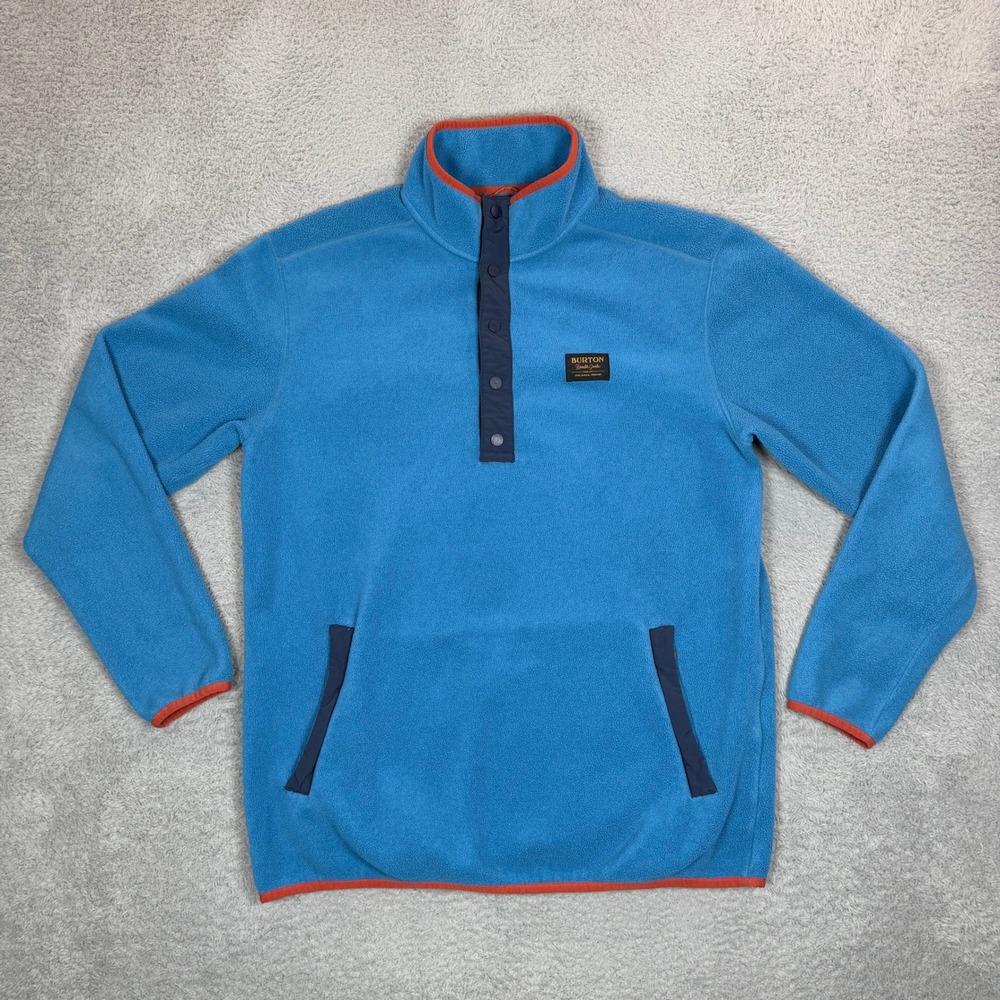Burton Hearth Fleece Pullover Mens Large Blue Orange Snap Neck 17350 Mock Neck
